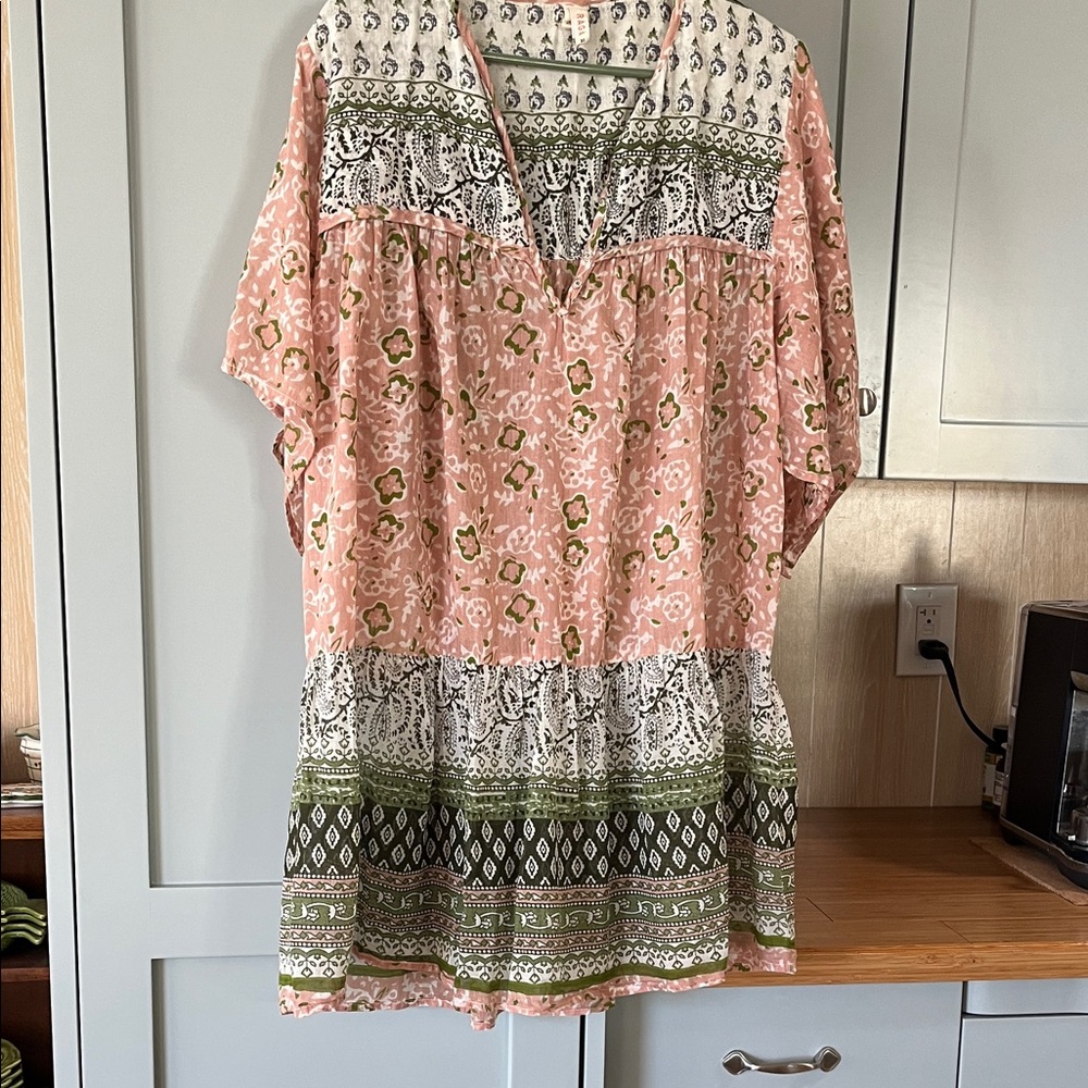 RAGA Pink and Green Boho Mini Dress, Size M.
